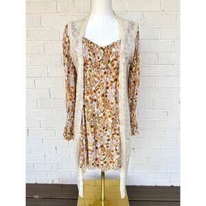 SET Promesa M Ditzy Floral Dress WITH POL L Open Knit Crochet Cardigan